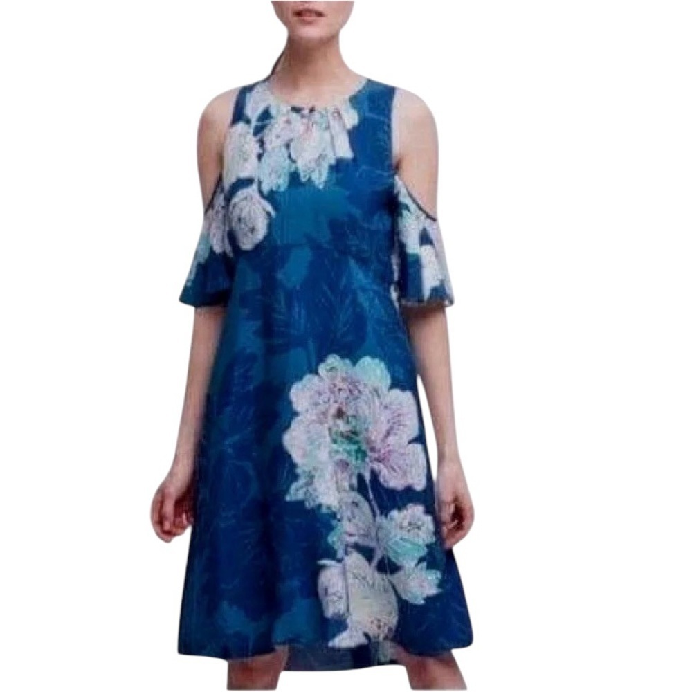 Anthropologie Maeve Elia Blue Floral Cold Shoulder Dress